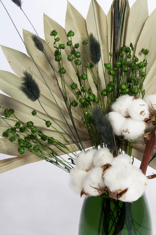 Set von Trockenblumen für Vase - Baumwolle, Palmblatt, Lagurus, Flachs