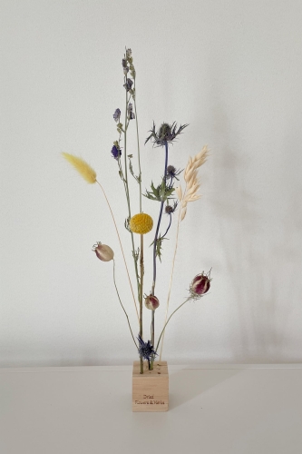 Set von blau Trockenblumen + Holzständer, klein