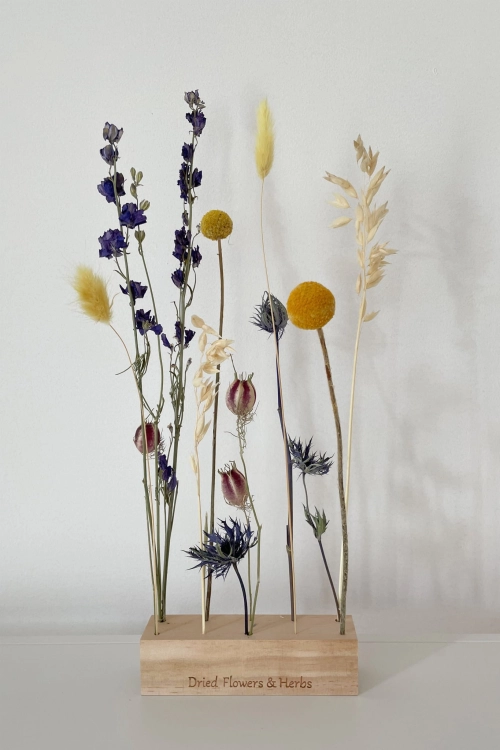 Set von blau Trockenblumen + Holzständer, mittel