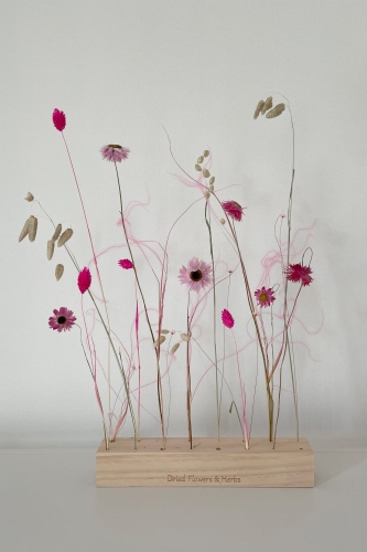 Set von rosa Trockenblumen + Holzständer, groß