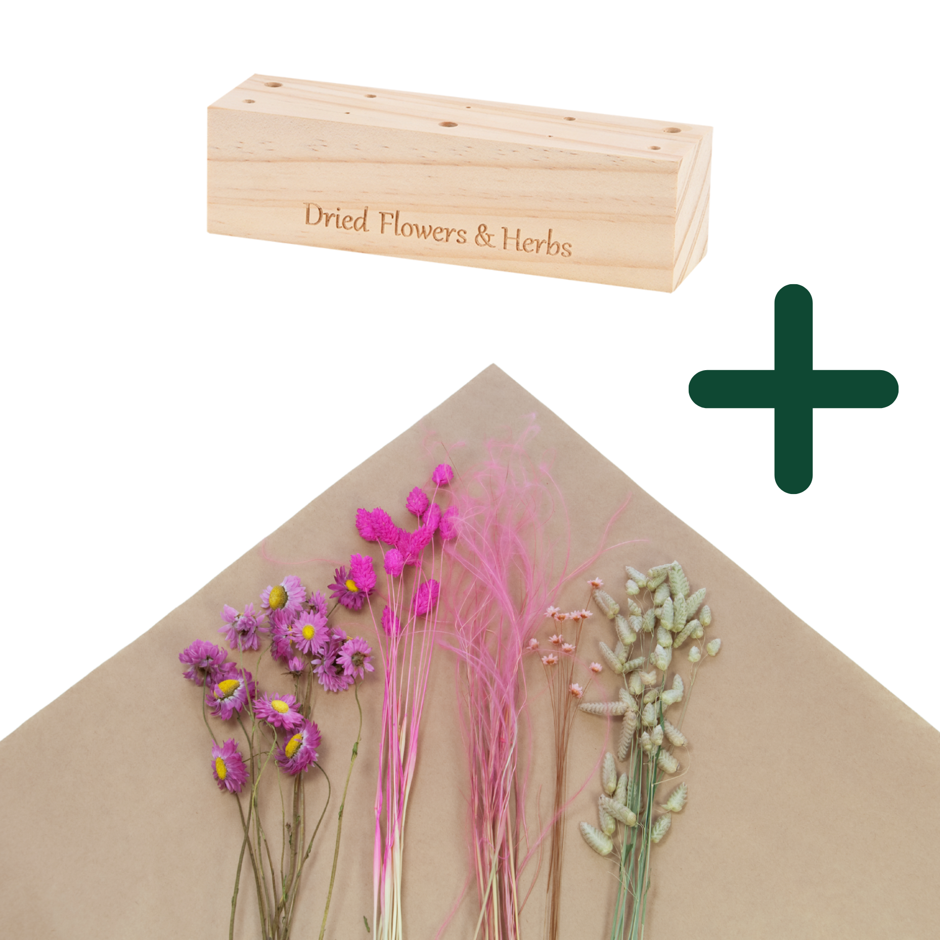 Set von rosa Trockenblumen + Holzständer, mittel