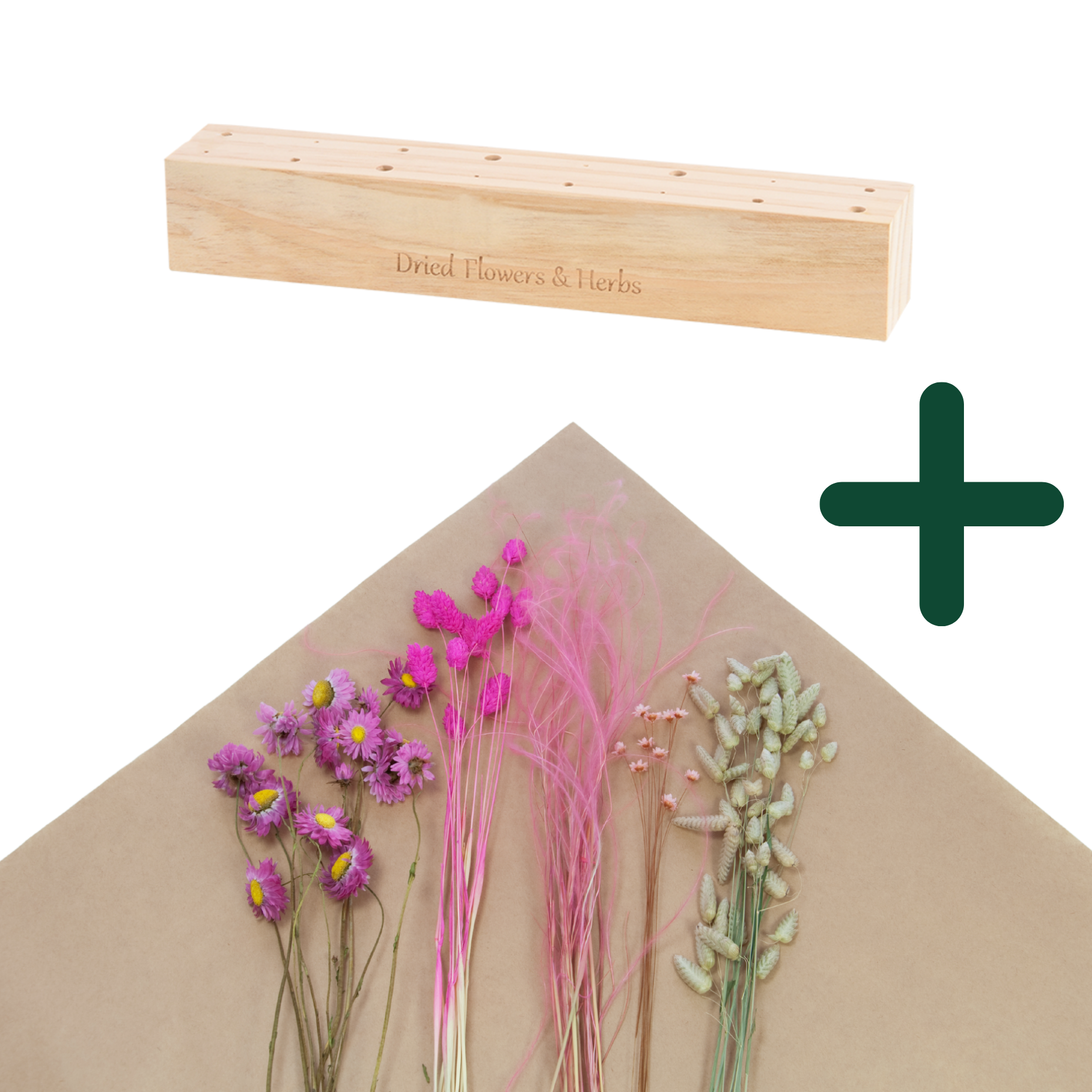 Set von rosa Trockenblumen + Holzständer, groß