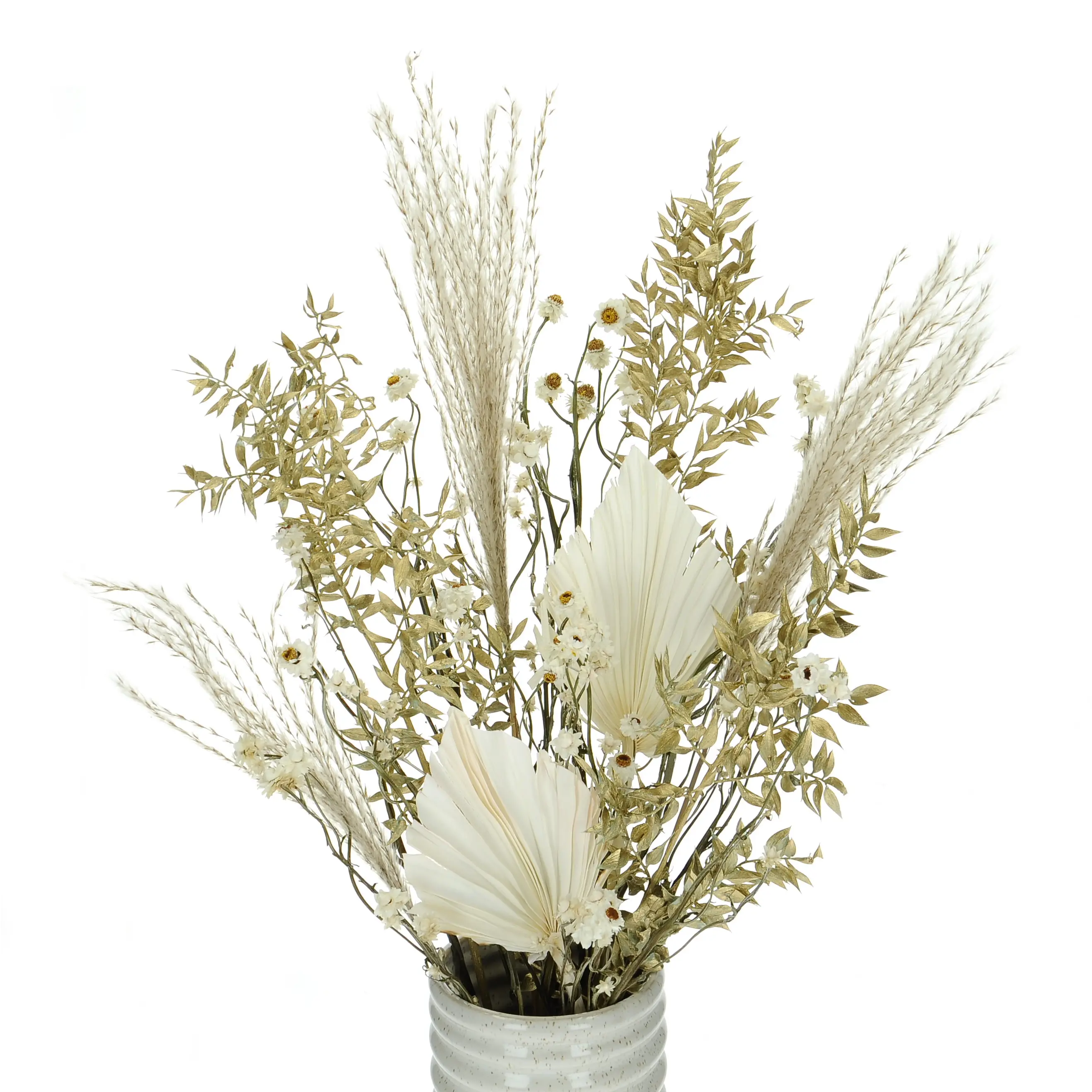 Set von Trockenblumen für Vase - Ruscus, Palmblatt, Stipa, Papierknöpfchen